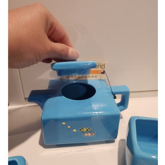 NWT square teapot and 4 cups blue with fish - Picture 2 of 4